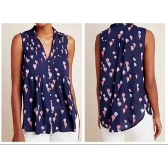 Anthropologie Maeve navy blue pink hot air balloon sleeveless top size Large - Picture 16 of 16